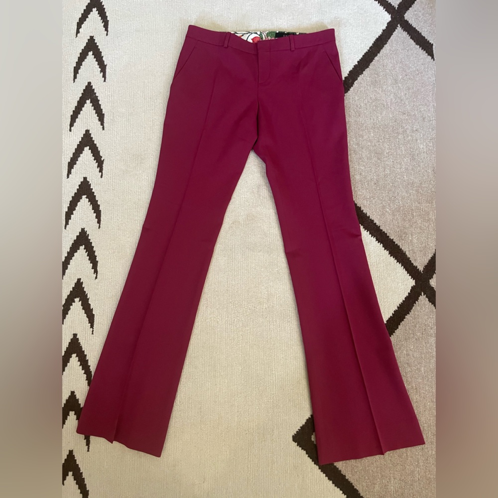 MRSP $1150| Gucci Wide Leg Pants Bell Bottom Wool Burgundy Red Purple S/US4/IT40